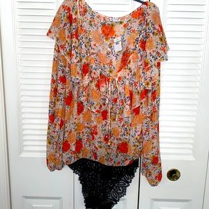 Free people sheer floral bodysuit with bell tie NWT